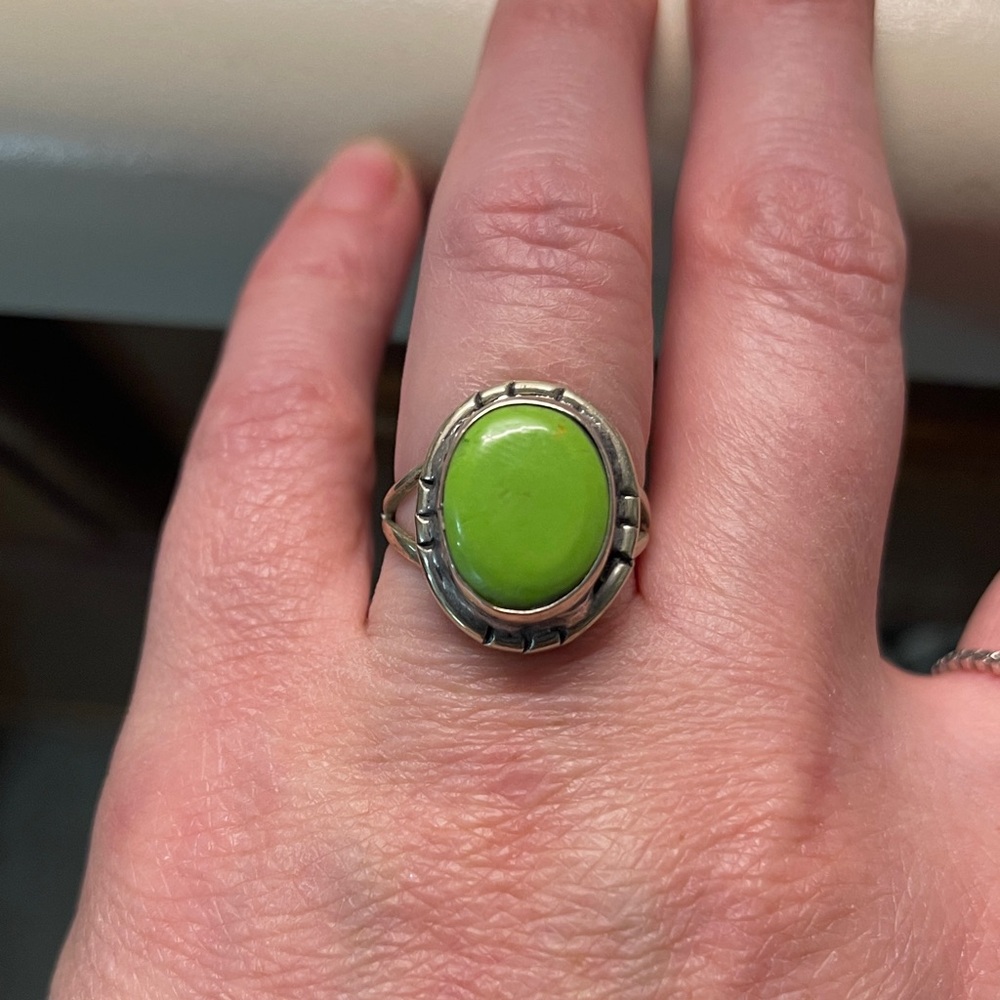 Genuine Sterling Silver and Green Oval Stone Ring